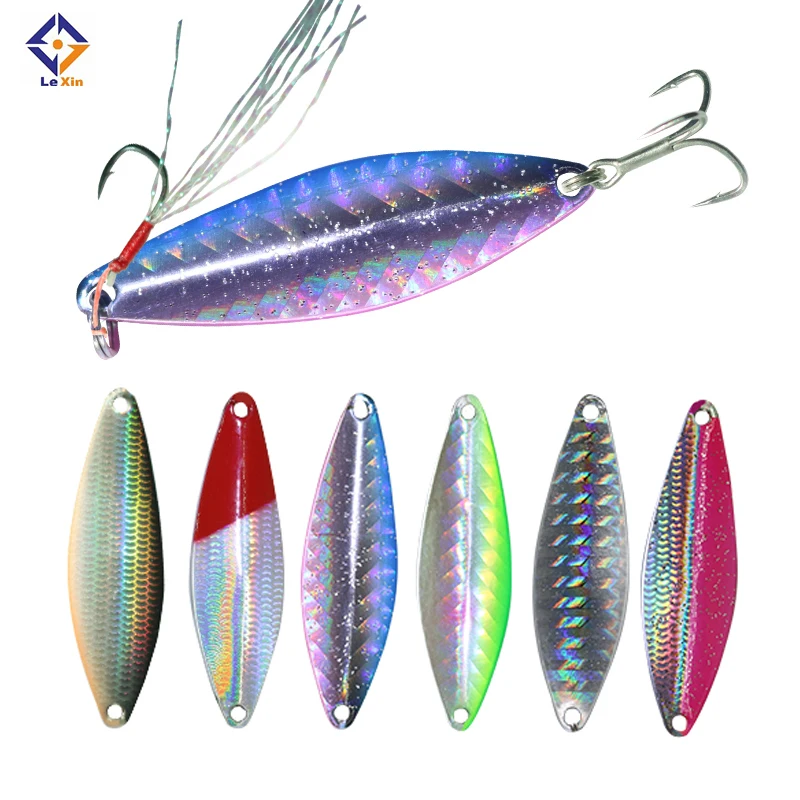 

Pesca Metal Fishing Lure Hard Spinner Fishing Lures Bevel Cut Spoon Lures Feather Treble Hook Tackle, 6colors