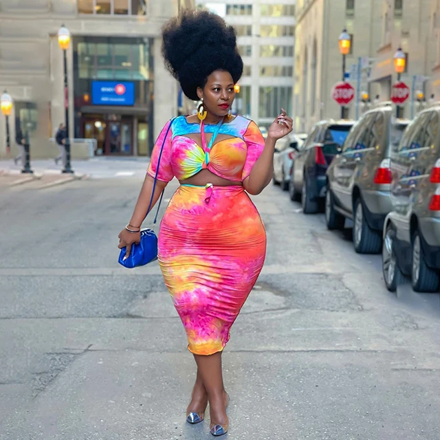 

Summer 2021 Fashion Clothing Plus Size Tie Dye Colorful Hollow Out Short Sleeve Dress Two 2 Piece Skirt Women Set Skirts Sets, Pink/yellow