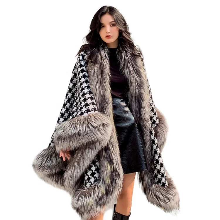 

Fashion Trend Oversized Poncho Cape Winter Shawl Women Elegant Wool Coat With Fox Fur, As pictures