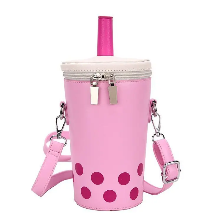 

Straw milk tea cup PU cross-body purses cute color shoulder handbag