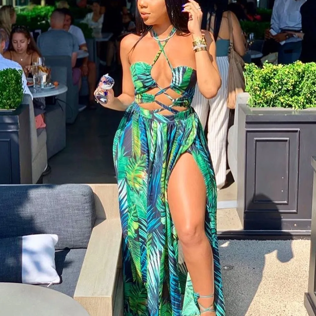 

Vacation Outfit Hollow Out Split Sleeveless Women Printed Dresses Summer 2021 Maxi Dress Summer Bohemian Halter Dress, Green,blue,red