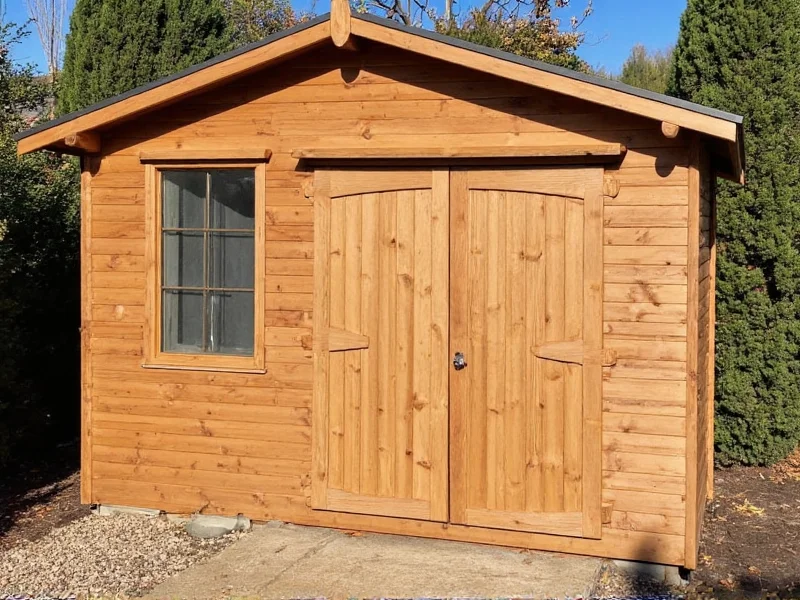 Completed DIY shed built with reclaimed wood showing cost savings