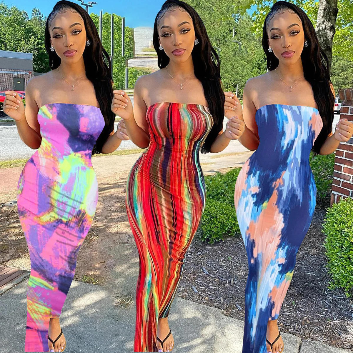 

Women Summer Fashion Dress Long Maxi Dress Strapless Tie-dye Print Bandage Beach Night Club Party Dresses Vestido