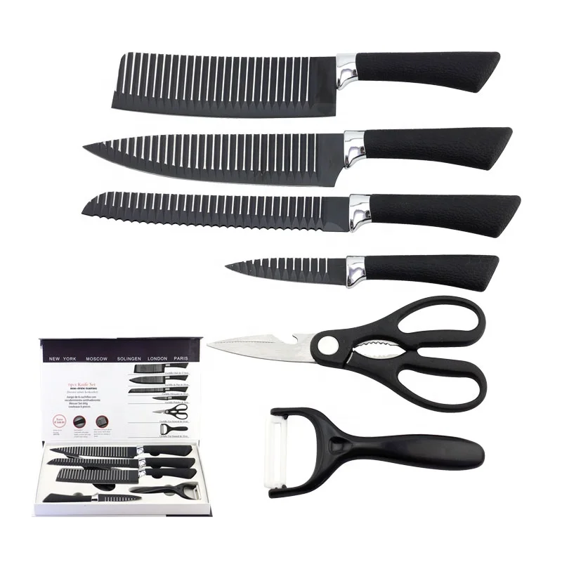 

Hot Selling 6Pcs Kitchen knife set Non Stick Coating Kitchen knives with Gift Box, Black