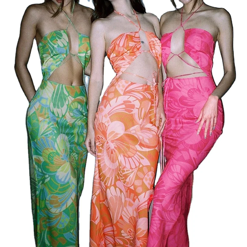 

D4777 Private Label Hollow Out Custom Flowers Print Latest Dress Designs For Ladies