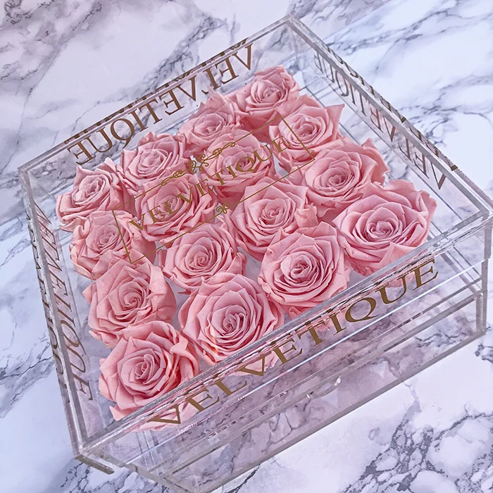 Custom 16 Holes Clear Acrylic Flower Box Perspex Rose Box With Drawer