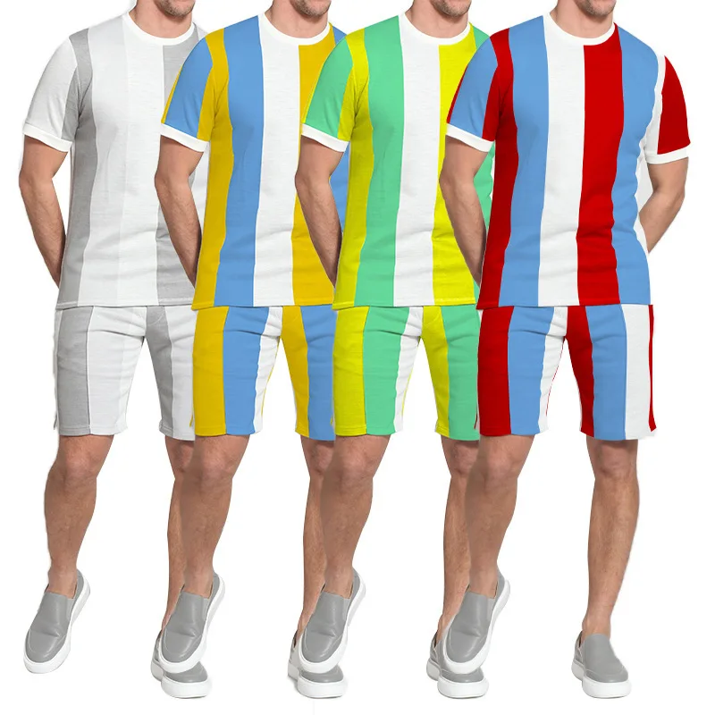 

Summer Gym Plus Size Jogger Suit Striped T-Shirt Casual Shorts Fashion Loose Round Neck Short Sleeve Fitness Tracksuits For Men, Customized color