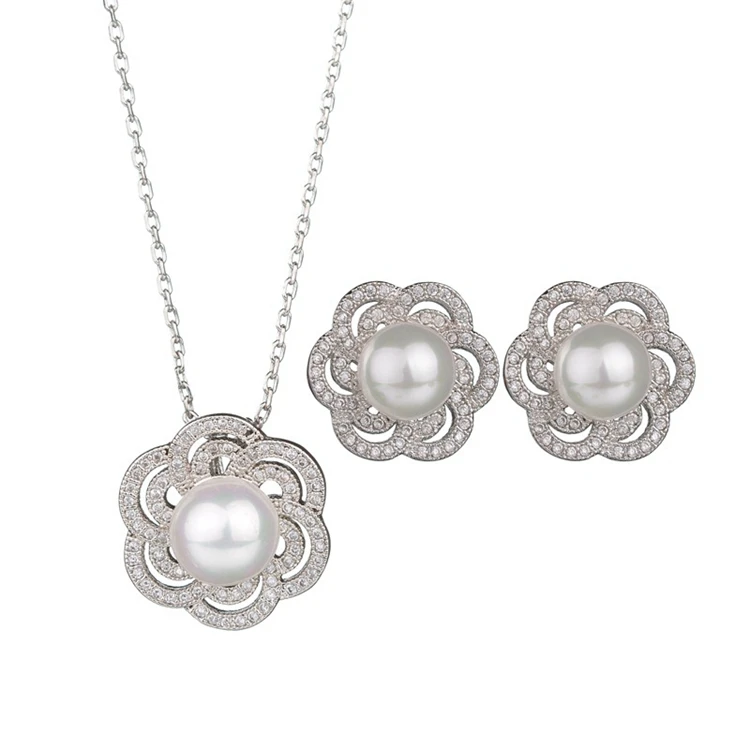 

Luxury contracted earring pendant Korean flower zircon pearl necklace earring set jewelry