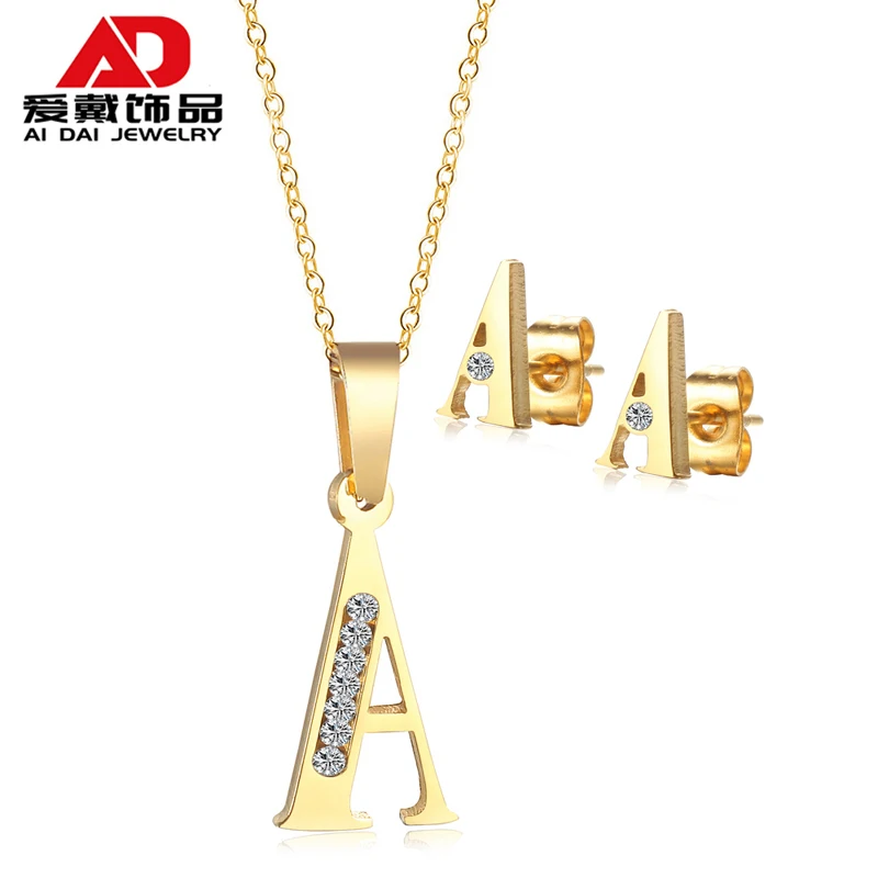 

Stainless steel A-shaped pyramid with zircon simple and elegant golden necklace earring set