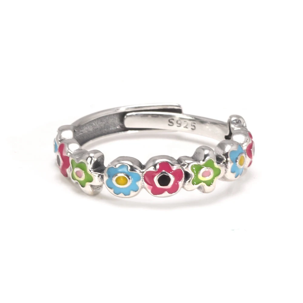 

New Arrival Real 925 Sterling Silver Colorful Enameling Flower Ring Earrings Party Jewelry Gift Engagement Open Jewelry Set