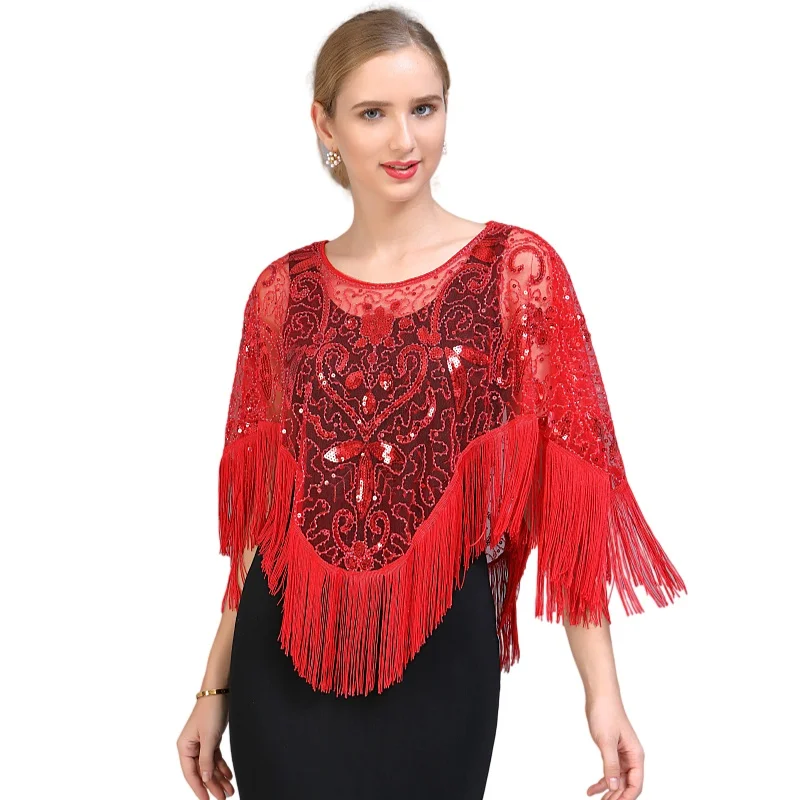 Vintage Evening Cape 1920s Flapper Dress Accessories Shawls Scarves Wraps Poncho Sequin Beaded Fringe Cover up