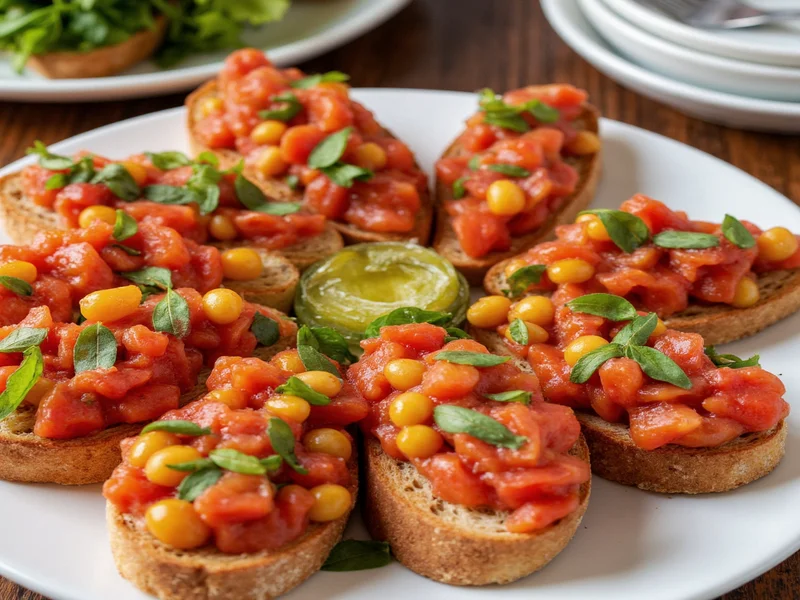 Colorful bruschetta platter with wine pairing suggestion