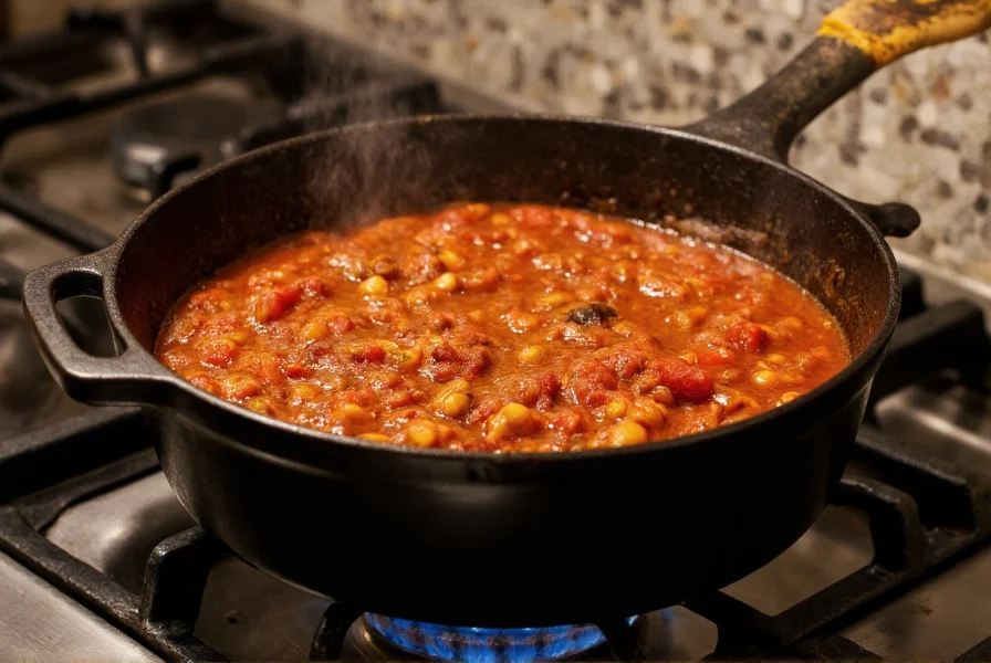 Cast iron Dutch oven with simmering chili con carne on stove