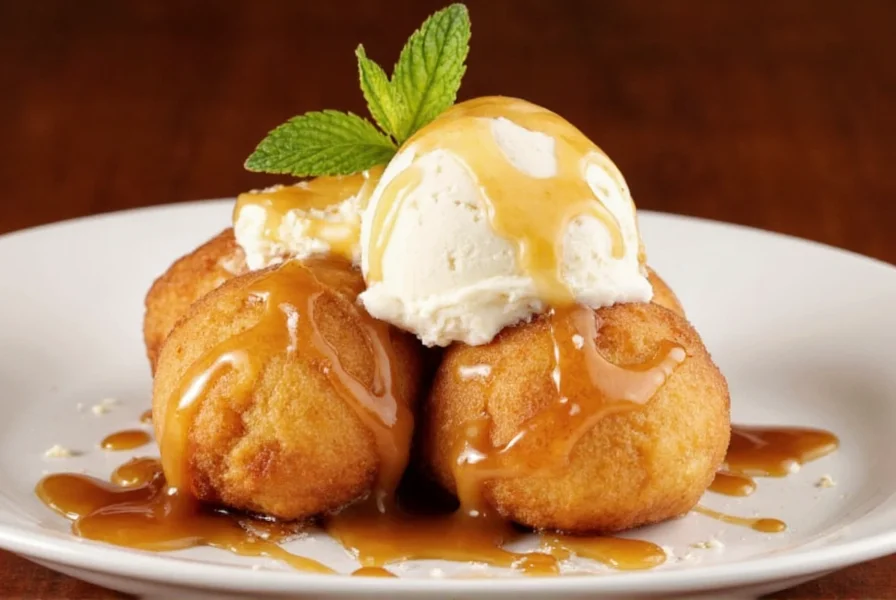 Fried cinnamon apples served over vanilla ice cream with caramel drizzle and mint garnish