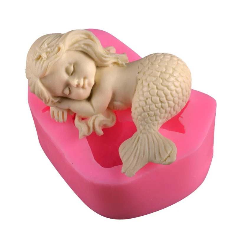 

3D Cute Sleeping Silicone Mermaid Fondant Molds Simulation Cake Decorating Tools Candy Moulds Easy Release Baking Tools, White and pink