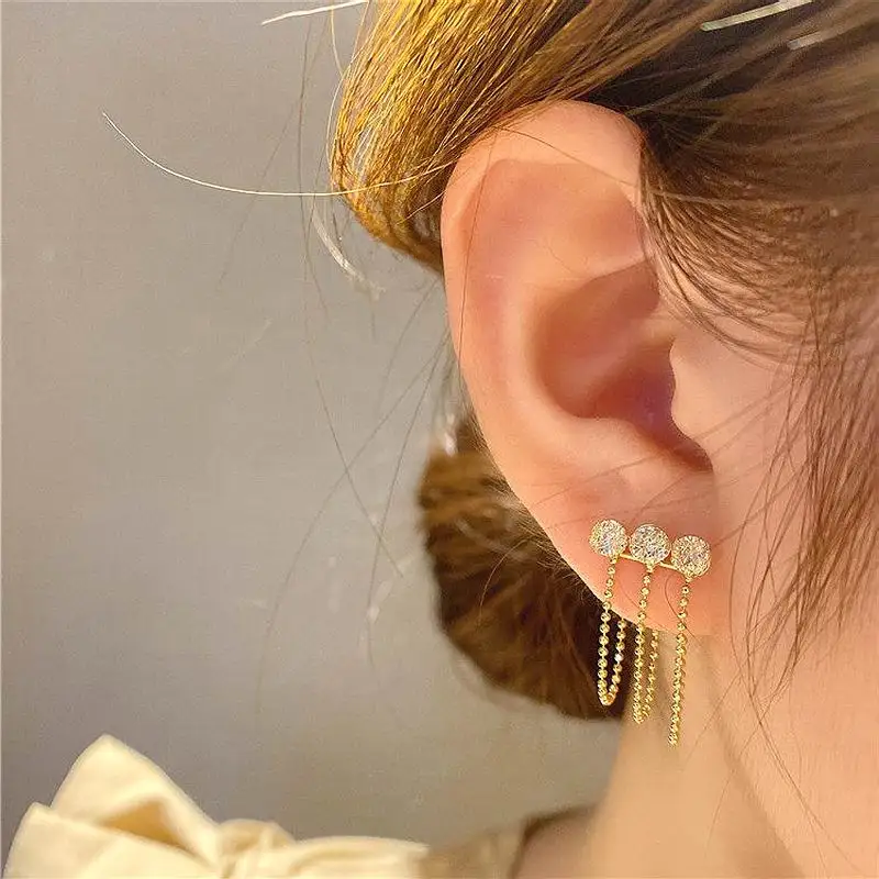 

Simple Beautiful Fashion Jewelry Wholesale Delicate Gold Plated Front And Back Zircon Tassel New Stud Earrings