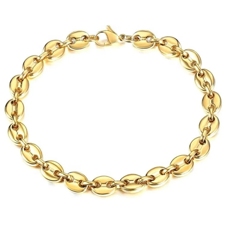 

Trending Hip Hop Style Stainless Steel Chain Jewelry 18K Gold Plated 8mm Coffee Beans Chain Bracelet, Gold, rose gold, steel, black etc.