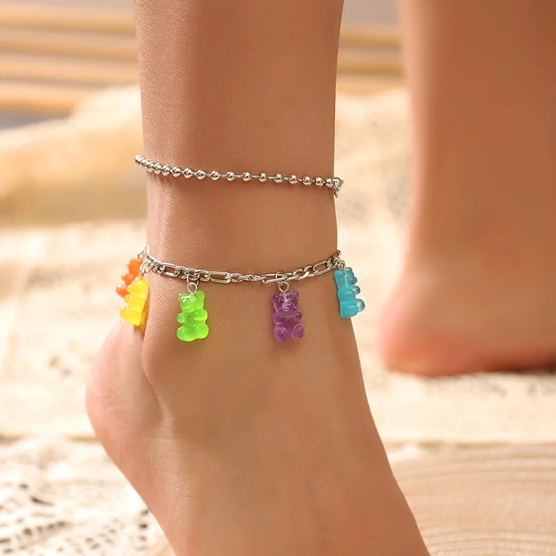 

OUYE 2021 initial Jewelry wholesale silver link chain foot ornaments female sweet color resin bear anklet women, Colorful