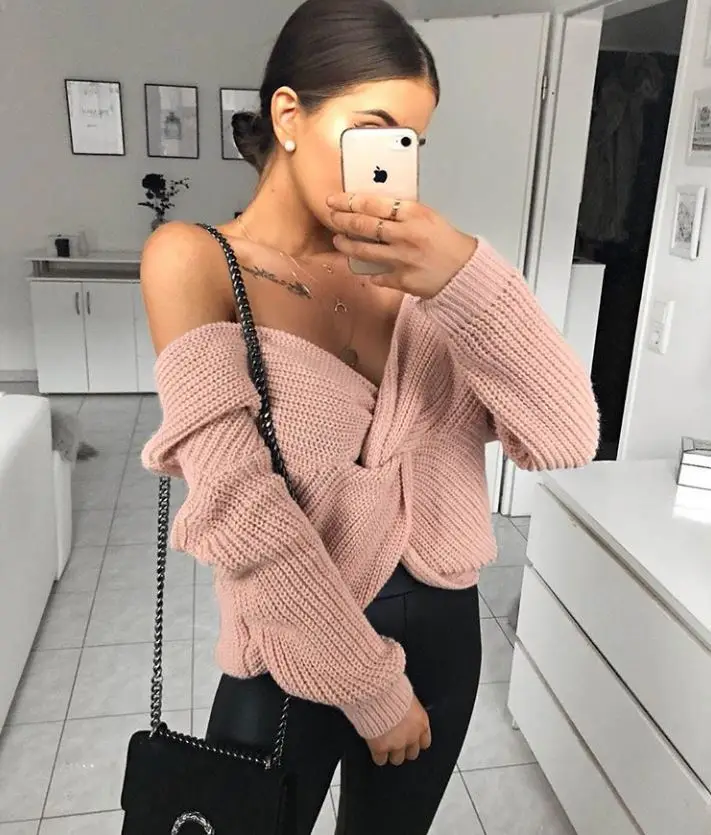 

Women Fashion Style Winter Long Sleeve V Neck Pullover Sweater, As shown