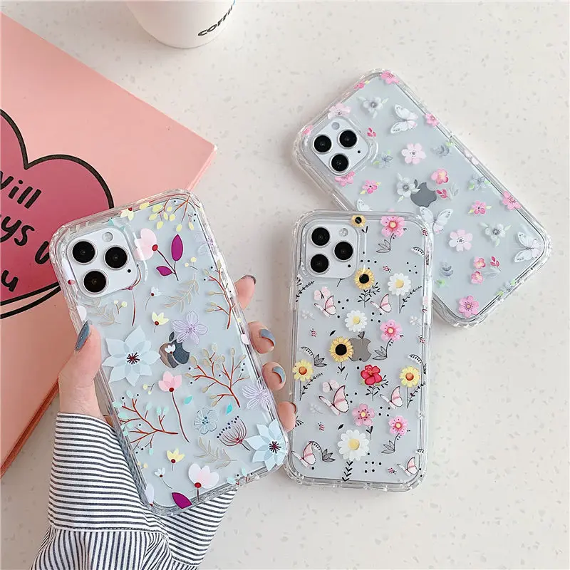 

Flowers Leaves Butterfly Phone Case For iPhone 11 12 Pro Max XR XS Max X 7 8 Plus SE 2020 Shockproof Bumper Clear Back Cover