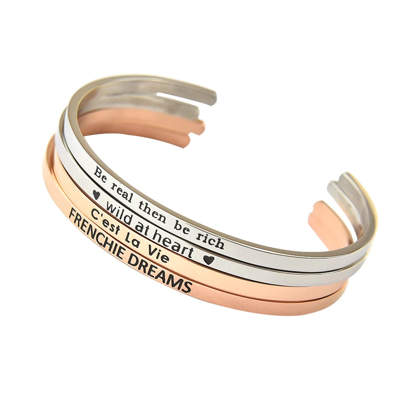 

Custom Classic Cuff Rose Gold Stainless steel Mantra bands Letter Bangles