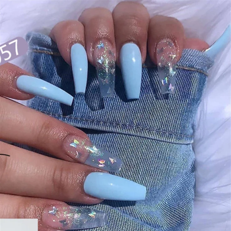 

Vivid long blue solid transparent with shining sequins butterfly ballerina press on fake nails coffin artificial false nails