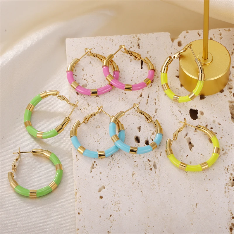 

Boho Colorful Enamel Dainty 18K Gold Plated Stainless Steel Hoop Earrings for Women Girls