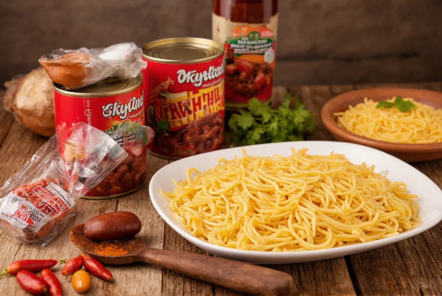 Skyline Chili ingredients including can, spices, cheese, and spaghetti on wooden table