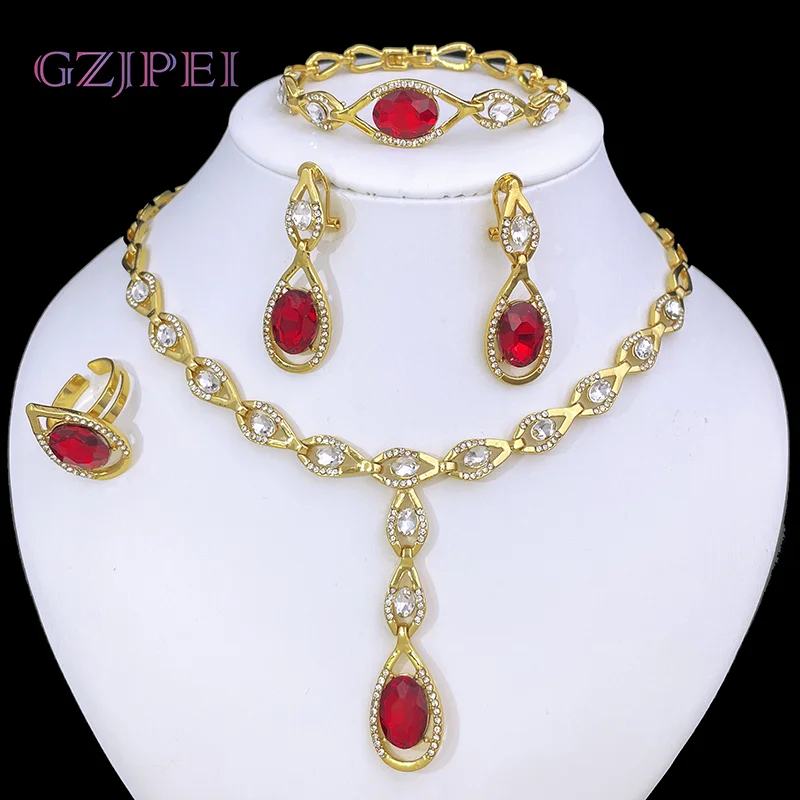 

Dubai Gold Color Jewelry Set Luxury Red Crystal Pendant 18K Gold Plated Women Necklaces Set Jewelry Wedding Party Accessories