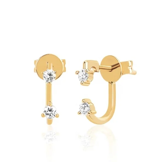 

18k Gold Double Stone CZ Hook Stud Earring 925 Sterling Silver