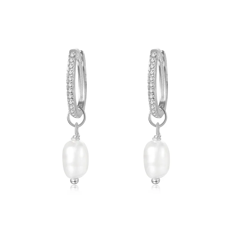 Elegant Dainty dangling baroque pearl earrings 925 Sterling Silver cubic zirconia pearl earrings hoop jewelry