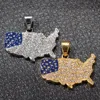 Hip Hop Iced Out USA Patriot Freedom Star and Stripes 4th of july American Flag Map Pendant Necklace Stainless Steel Men Jewelry