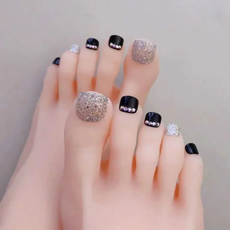 

Diamond Press On Toe Nails Full Cover Faux Ongle False Fake Presson Pre-designed Artificial Toenails Rhinestone Nail Tips 24 PCS, Colorful
