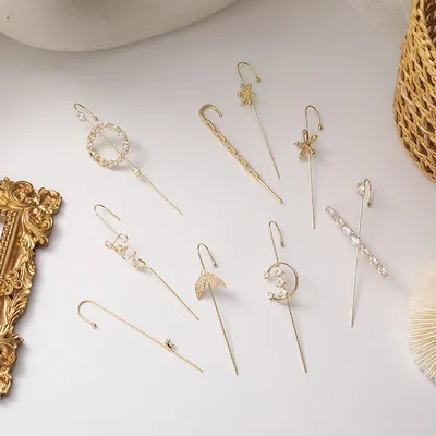 

Designer trend rhinestone bling gold hanging cuff earrings jewelry women