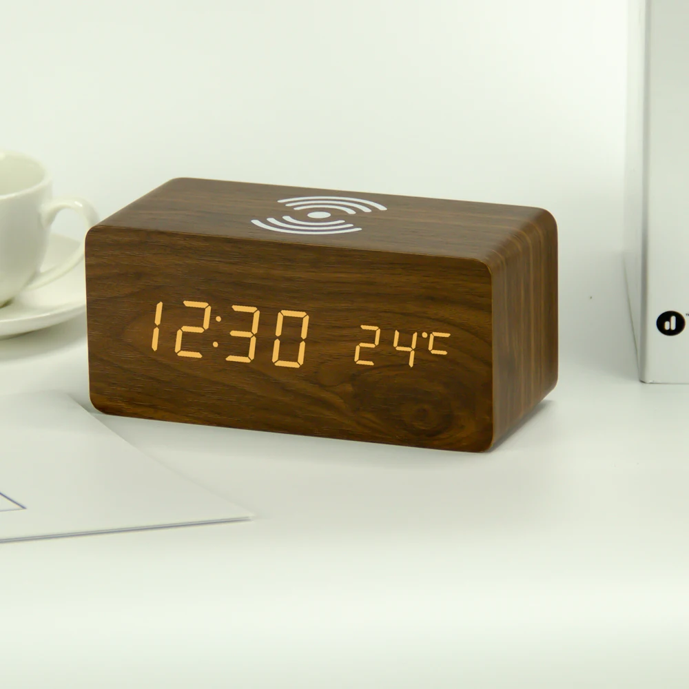 

Mobile phone Qi Wireless charging wooden digital alarm clock with temperature