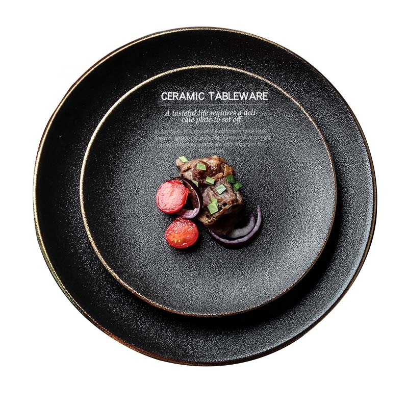 

French Luxury Creative Hand-painted Golden Rim Restaurant Tableware Set Black Dinner Plates matte black plate