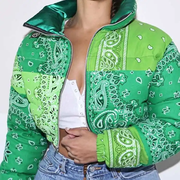 

2020 Fashion Patchwork Printed Cropped Jacket Winter Down Coat Woman Ladies Women Crop Puffer Bandana Bubble Coats for Women -PT, Purple,green,orange