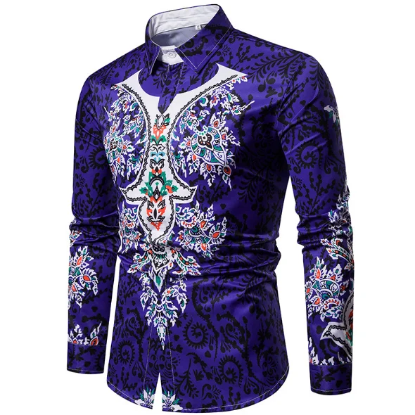 

New 2020 Men Shirt Slim Fit National Style 3D Flower Print Turn-down Collar Men's Casual Long Sleeve Shirt Plus Size