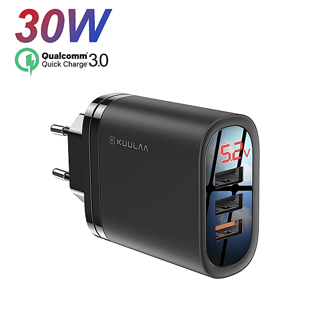 

KUULAA 30W Travel Charger Adapter 3 Ports Digital Display QC3.0 Cargadores De Celular Fast Charging Mobile Phone USB Chargers, Black