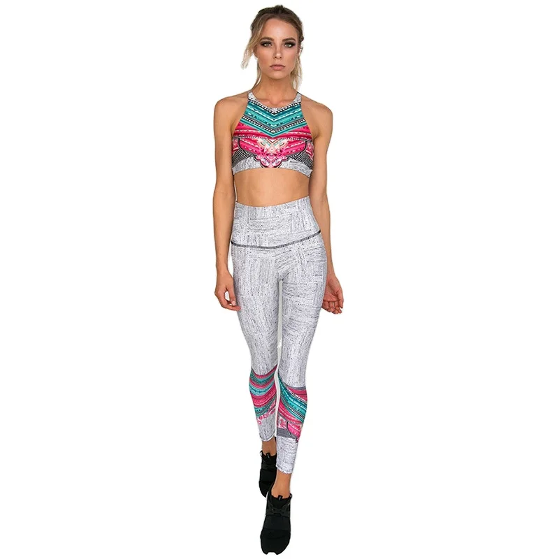 

Women's Backless Condole Belt Tank Top and High-waisted Long Pants Suit Digital Printed Yoga Suite, Colorful