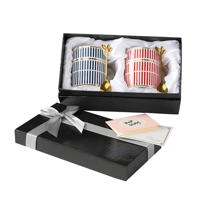 

Gift use golden drawing ceramic coffee mug with spoon custom logo wedding gift couple ceramic mugs with gift card, Same as picture or customized