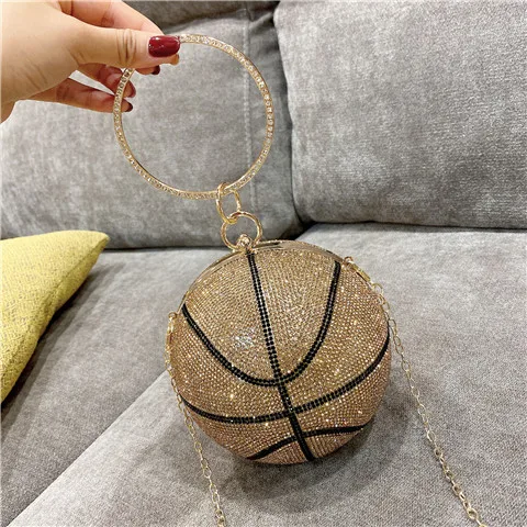 

Luxury Sparkle Rhinestone Basketball Bling Purse Women Crystal Diamond Evening Wristlet Chain Crossbody Basket Ball Bag