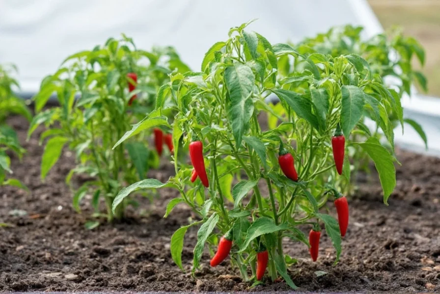 Red pepper plants growing in a Grand Forks backyard garden with dark soil and protective row covers