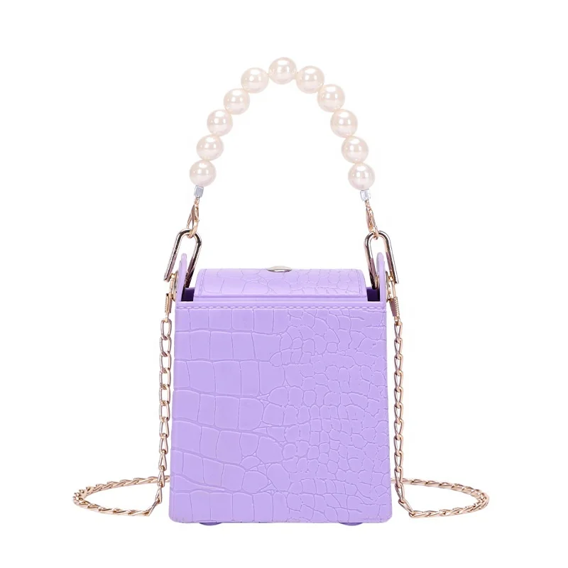 

mini bucket print pearl chain fashion pvc handbag ladies shoulder jelly bags, White red purple black pink green blue