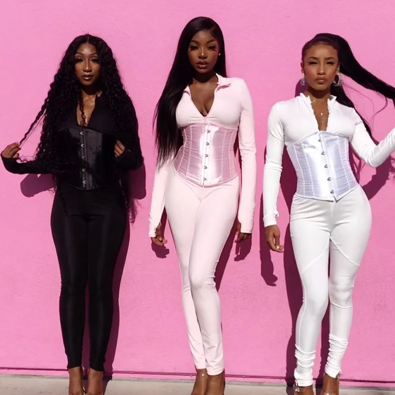

2020 Fashion Fall Wear Romper And Corset Zipper V-neck Sexy Long Sleeve Sports Tracksuit One Piece Jumpsuits Women, White,black,pink