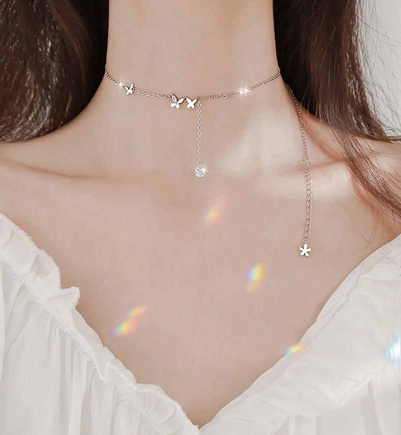 

Jachon Super fairy sweet diamond encrusted flower necklace choker adjustable fashionable short butterfly tassel choker chain, As picture