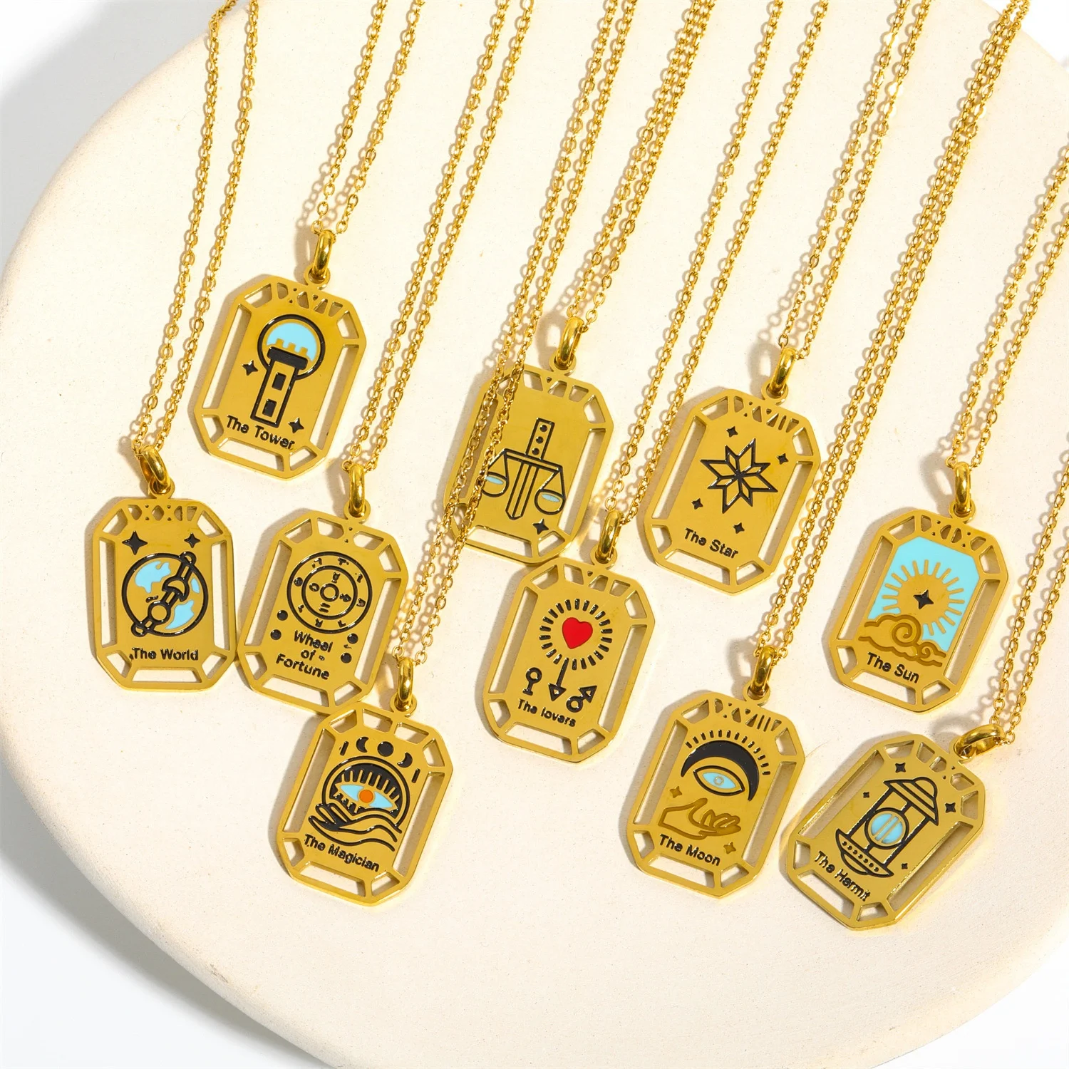 

Fashion 18K Gold Jewelry Blue Enamel Women Elegant Stainless Steel Tarot Card Necklace Sun Moon Star Fortune Lovers Justice