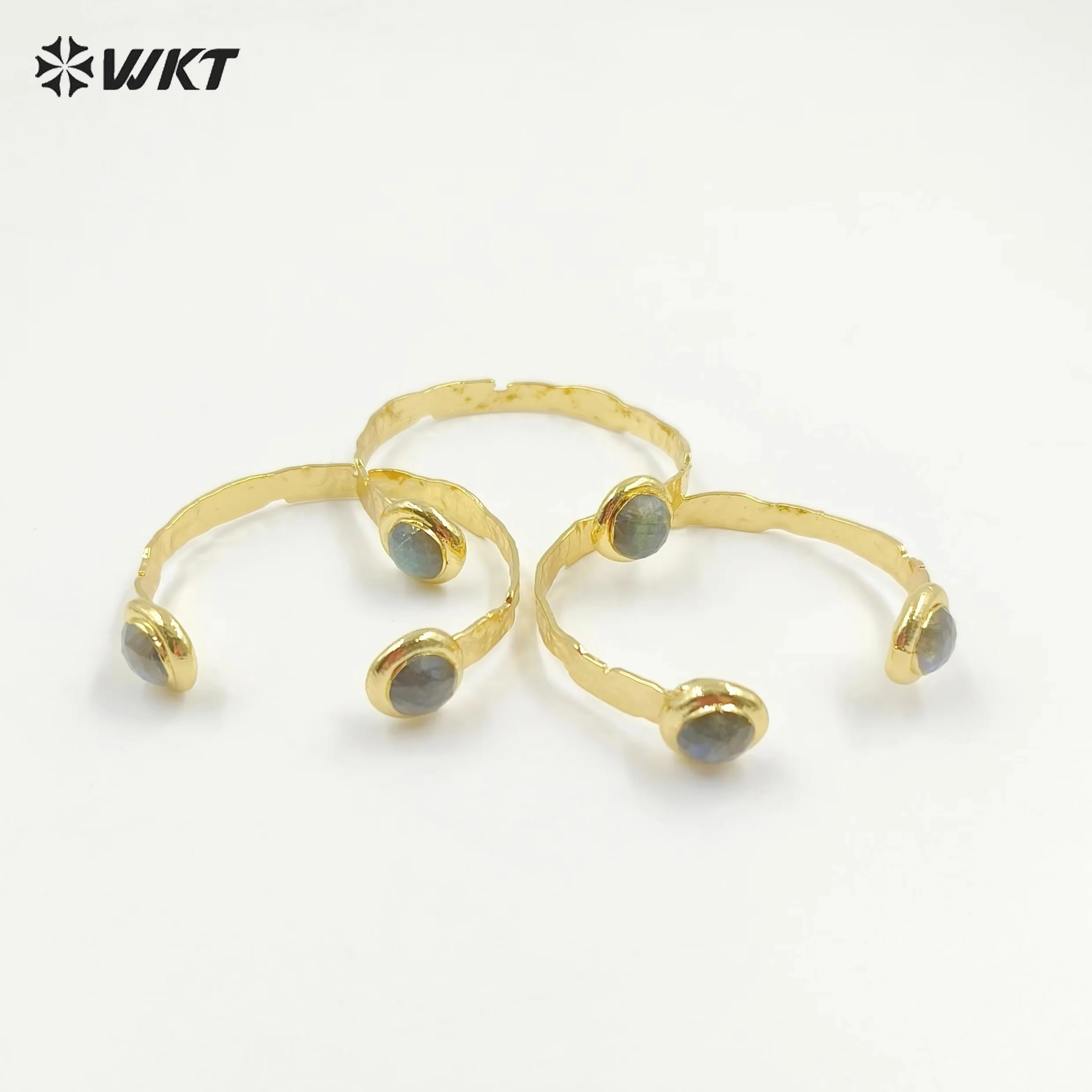 WT-B650 Newest Design Fashion 18K Real Gold Plated Resist Tarnishable Double Round Labradorite Stone Open Size Women Bangle