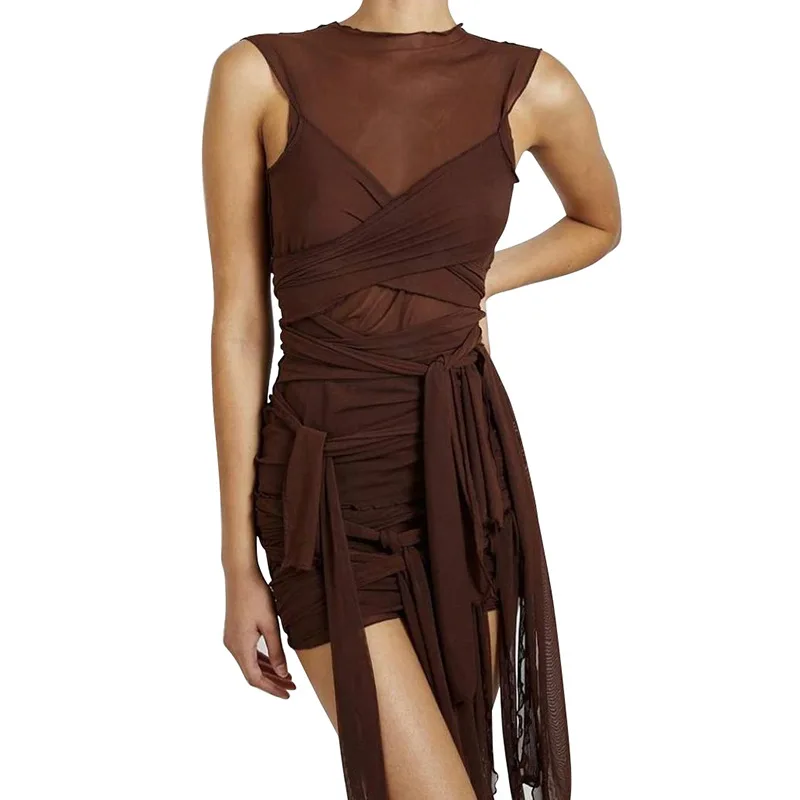 

2020 Sleeveless Solid Bandage Patchwork Mesh Mini Dress Autumn Winter Women Fashion Sexy Party Club Clothings, Pink/gray