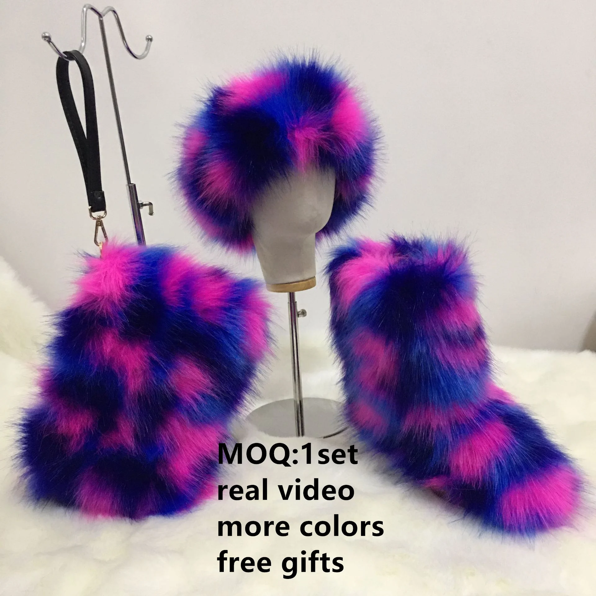 

Fashion Custom LOGO Wholesale Solid Color Women Baby Faux Fur Winter Boots Kids Fur Snow Boots 3 Piece Set With Headband
